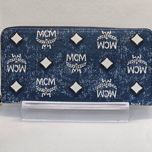 MCM Zip Around Vintage Denim Jacquard Wallet
